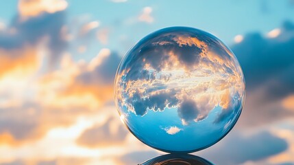 Glass Sphere Reflecting Sunset Clouds Against Blue Sky with Orange Hues