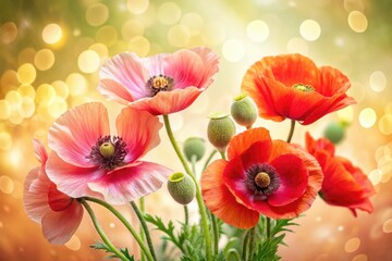 Fototapeta premium Creamy bokeh backdrop highlights the delicate beauty of Shirley poppies from above.
