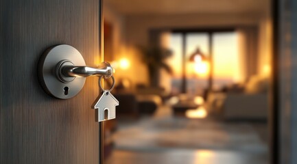 Modern Door Handle with House-Shaped Keychain in Cozy Living Room