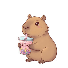 A cute, cartoon capybara holds a cup of bubble tea, sipping through a straw. 