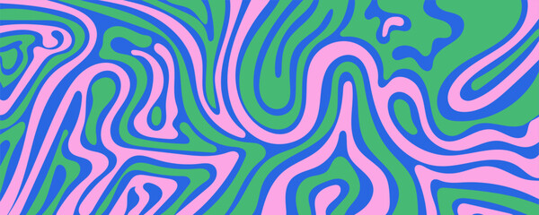 Psychedelic Green and Purple Abstract Background with Wavy Lines. Bold design with colorful lines with flow and optical depth. Perfect for print, posters, cards, web, banners