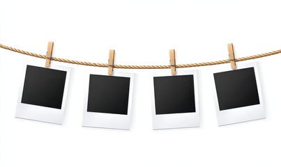 Four empty Polaroid frames hang on a rope in an organized manner. The white background emphasizes their simplicity and potential for creativity. Perfect for displaying memories or art