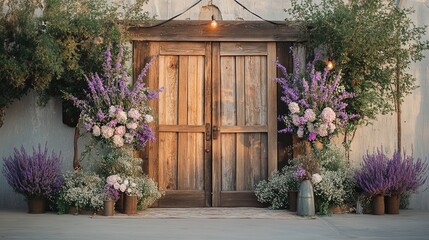 Elegant Farmhouse Event Backdrop Featuring Vintage Wooden Double Doors, Purple Lavender Bouquets, White Blooms and Simple String Light Decoration