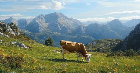Grazing Cow in Serene Mountain Landscape