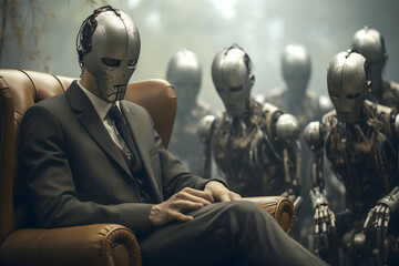 Futuristic humanoid robots observe a seated figure in an eerie, misty forest setting during twilight hours