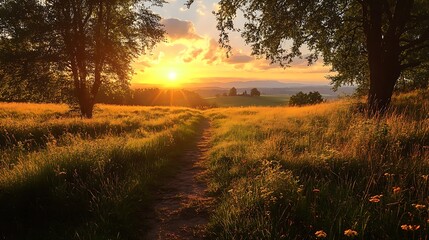 Golden Sunset Over A Grassy Field With A Pathway Through The Trees