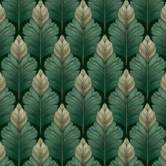 Elegant Emerald and Gold Feather Leaf Art Deco Pattern