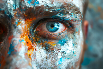 Close-up of a person with artistic face paint in vibrant colors during a creative event in an urban setting