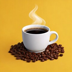 Fototapeta premium Vector Coffee Cup with Steam, Surrounded by Coffee Beans and Sugar Packets