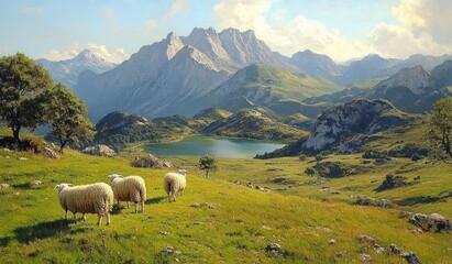 Fototapeta premium Sheep Grazing in a Pastoral Mountain Landscape