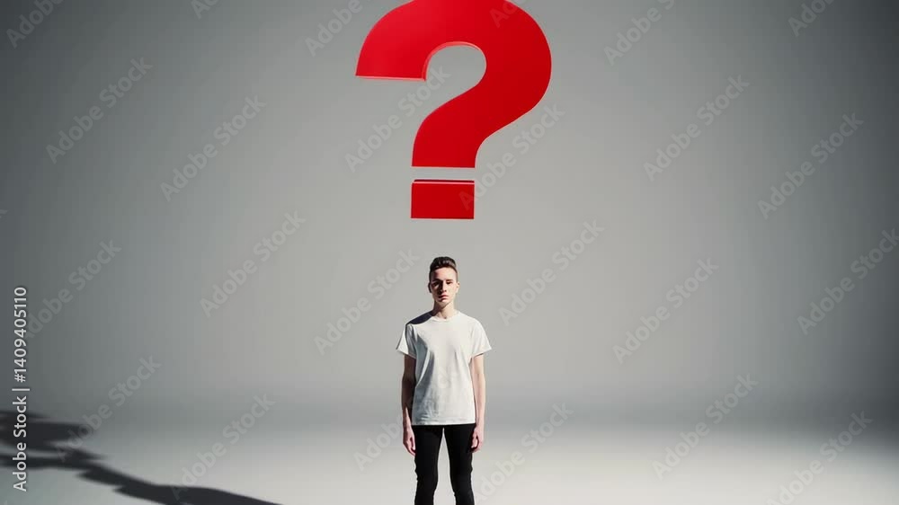 Poster Pensive student looking for answers, symbolized by a large red question mark floating above his head, expresses the concept of curiosity and the search for knowledge