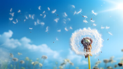 Dandelion seeds disperse gracefully in a clear blue sky during a calm afternoon in nature