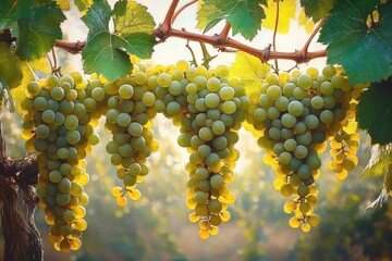 Fototapeta premium Cluster of Green Grapes on Vines in Vineyard with Warm Sunlight Filtering Through Leaves