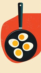 Cooking Eggs in a Black Skillet: Vibrant Breakfast Food Illustration with Minimalistic Art and Graphic Design