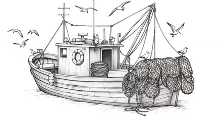 Fishing boat illustration grayscale design