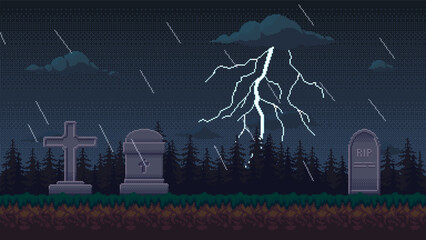 Pixel art cemetery in a rainy night with a thunderstorm. Graveyard 2d background for 8-bit video game. Horizontal seamless landscape.