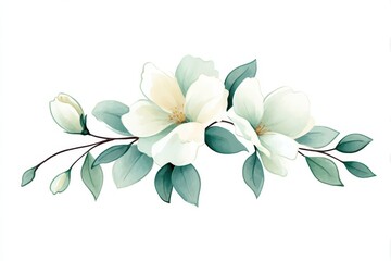 Fototapeta premium Watercolor artwork features soft white flowers and green leaves on a slender branch, illustrating a serene and peaceful representation of nature in bloom