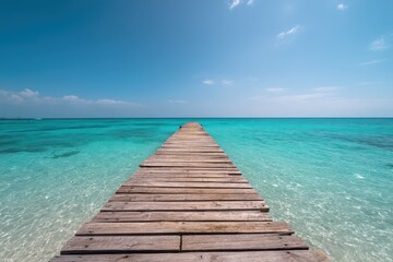 Obraz premium A long wooden pier stretches over calm turquoise waters, leading towards the horizon. Soft white sand hugs the edges, while a clear blue sky completes the tranquil coastal view