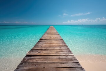 Fototapeta premium A wooden pier stretches over turquoise waters, leading to a pristine beach of white sand. The clear skies suggest a warm, sunny day, inviting relaxation and exploration