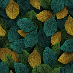 Fototapeta premium Intricate Teal and Gold Leaf Pattern: A Lush, Textured Botanical Design