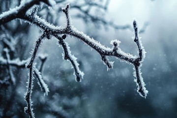 Obraz premium Frosty Vineyard Branches in Foggy Winter Landscape