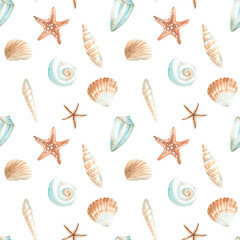 Sea shells and starfish seamless watercolor pattern. Hand drawn ornament. Template for textile design, label, fabric and wallpaper.