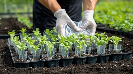 Fototapeta premium Gardener planting seedlings in trays inside a greenhouse, with rows of other plants