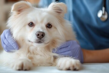 Acupuncture Treatment for a Fluffy White Dog at the Veterinarian
