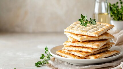Soft Crackers Stacked on a Plate with Fresh Herbs and Olive Oil