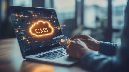 Businessman Managing Content On Cloud CMS Platform, Accessing Data On Laptop And Phone