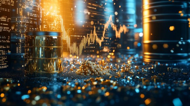 Premium 3D rendered trading commodities floating in digital void, masterfully textured gold and silver bullion showing surface imperfections, crystalline raw sugar particles with transparency