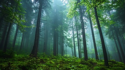 Obraz premium Lush Green Forest Scene with Sunlight Shining Through the Dense Trees