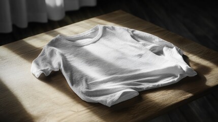 Sun-Dappled White T-Shirt on Rustic Wood Surface