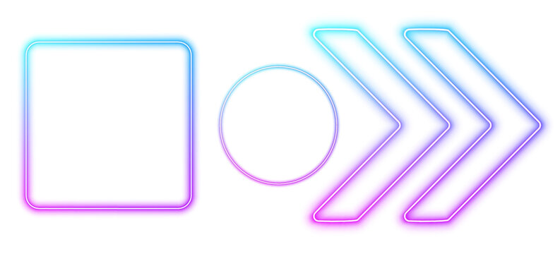 Neon frames with glowing gradient borders. Colorful futuristic UI signs set. Modern vector illustration with geometric shapes. PNG