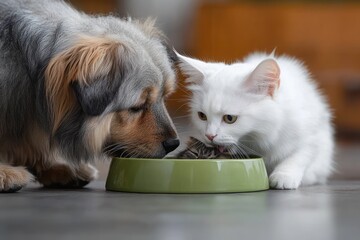 Dog and Cat Eating from a Green Bowl Together