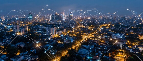 Global connections, a night skyline, networking concept, data exchange. Futuristic concept