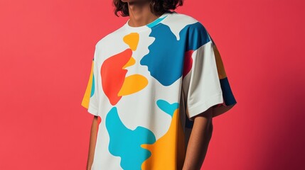 Young Man in Abstract Colorful T-Shirt Against Vibrant Pink Background