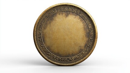 Premium 3D rendered ancient gold coin template, masterfully crafted aged metal surface with authentic erosion patterns, ray-traced reflections highlighting raised edges and worn areas, atmospheric