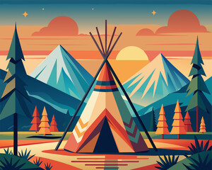 A vibrant, flat illustration of a teepee nestled in a forest, framed by mountains under a sunset sky in hues of orange, blue, and teal.