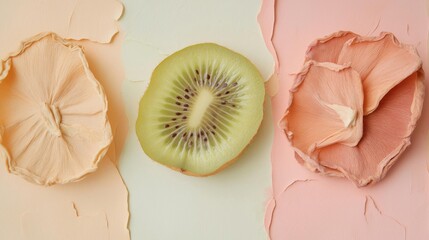 Flat lay composition of three pieces of fruit on a pastel pink and light pink background.