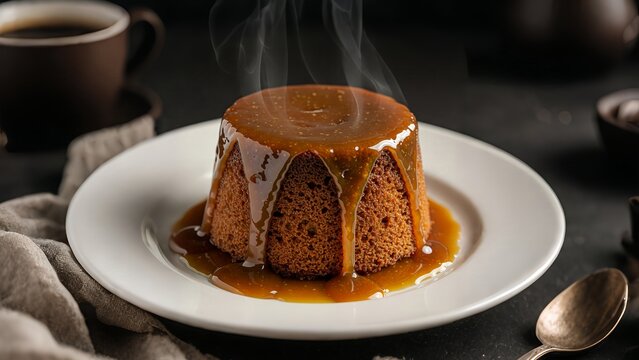 Steaming Sticky Toffee Pudding: Warm, Moist Cake Drenched in Rich Caramel Sauce on a White Plate, Cozy Dessert Treat.