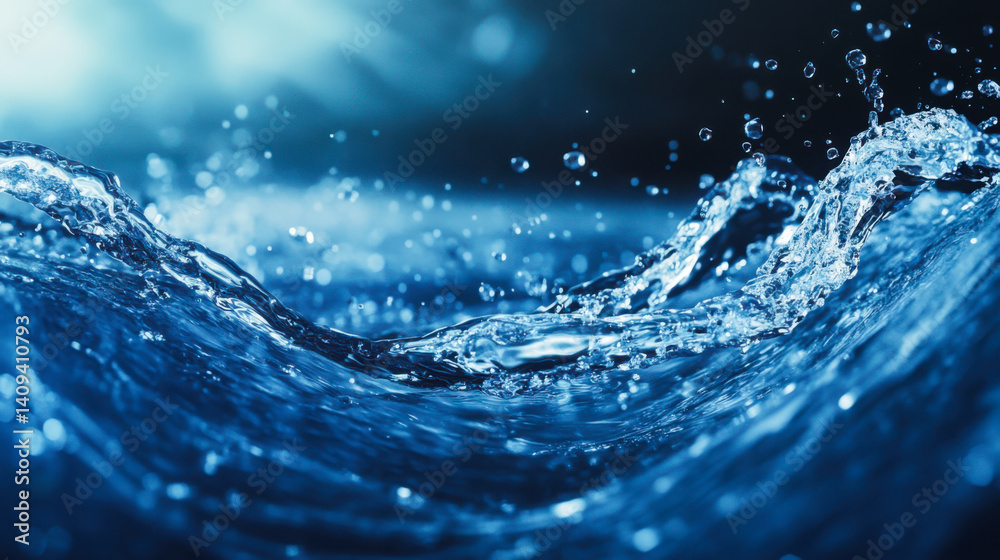 Poster dynamic splashes of water create mesmerizing patterns in a vibrant blue environment