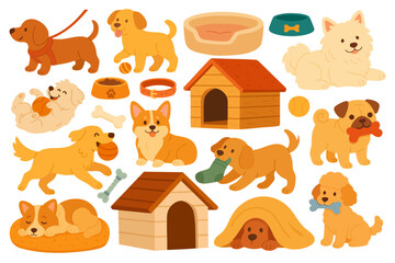 Adorable cartoon dog set with puppies, toys, beds, food bowls, bones, and dog houses. Cute vector clipart illustrations for kids, pet lovers, and design projects.