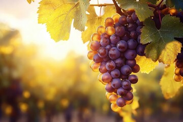 Vibrant Grapes on a Vine Under Golden Sunset Light in a Beautiful Vineyard