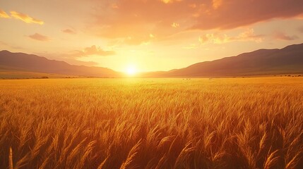 Obraz premium Golden wheat field at sunset, mountain background, ideal for a summer landscape ad