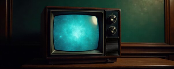 Antique CRT television with flickering screen and static hiss, crt tv, vintage electronics