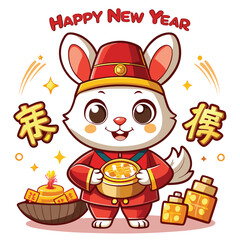 Cute Rabbit in Red Outfit Holding Gold Treats for Happy New Year