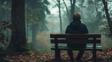 Fototapeta premium Man Sitting Alone On A Wooden Bench In Misty Forest With Green Trees and Brown Leaves