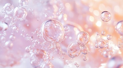 Fototapeta premium Extreme macro shot of translucent skincare essence layers floating in crystal clear solution, iridescent bubbles suspended between layers like pristine pearls, subtle color shifts from pale rose to