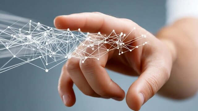 Connecting the Dots: A hand reaches out, seemingly interacting with a complex network of interconnected lines and nodes, representing the concept of connectivity and digital interaction.